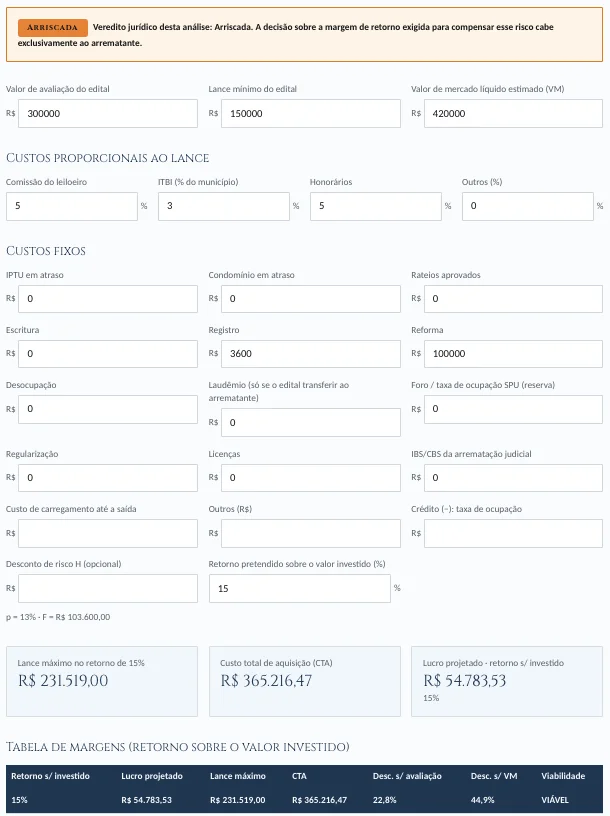 Cartões de resultado da calculadora no celular: lance máximo, custo total e retorno