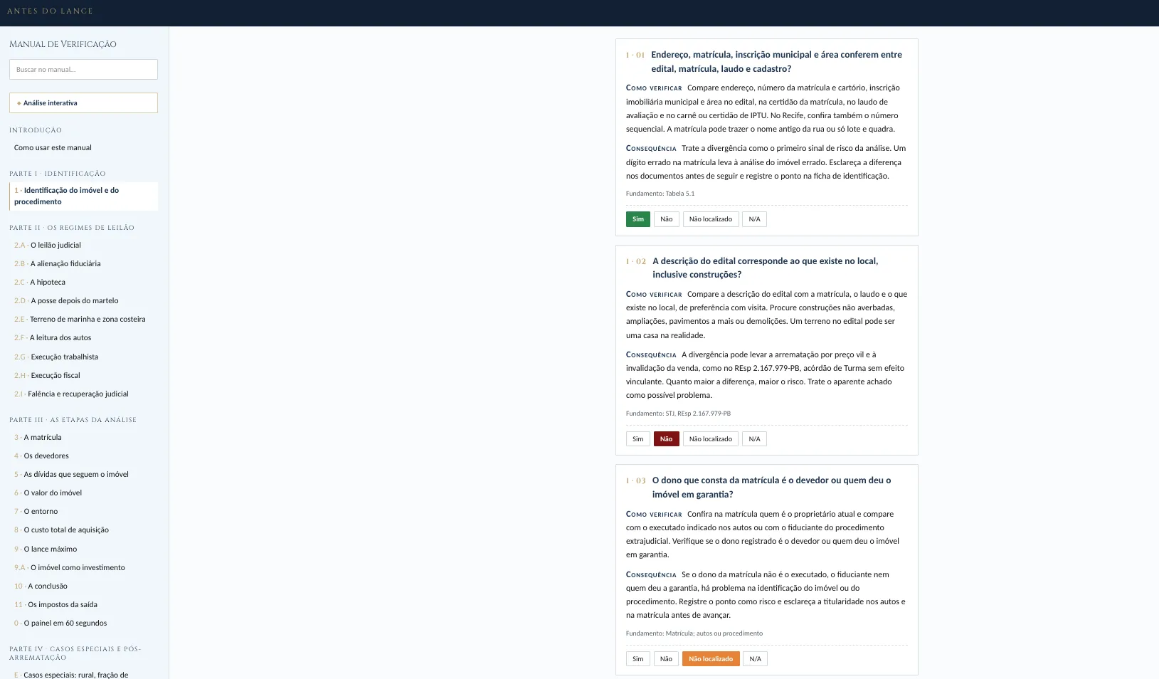 Tela do checklist do Protocolo, com os itens 1·01 a 1·03 e as respostas marcadas
