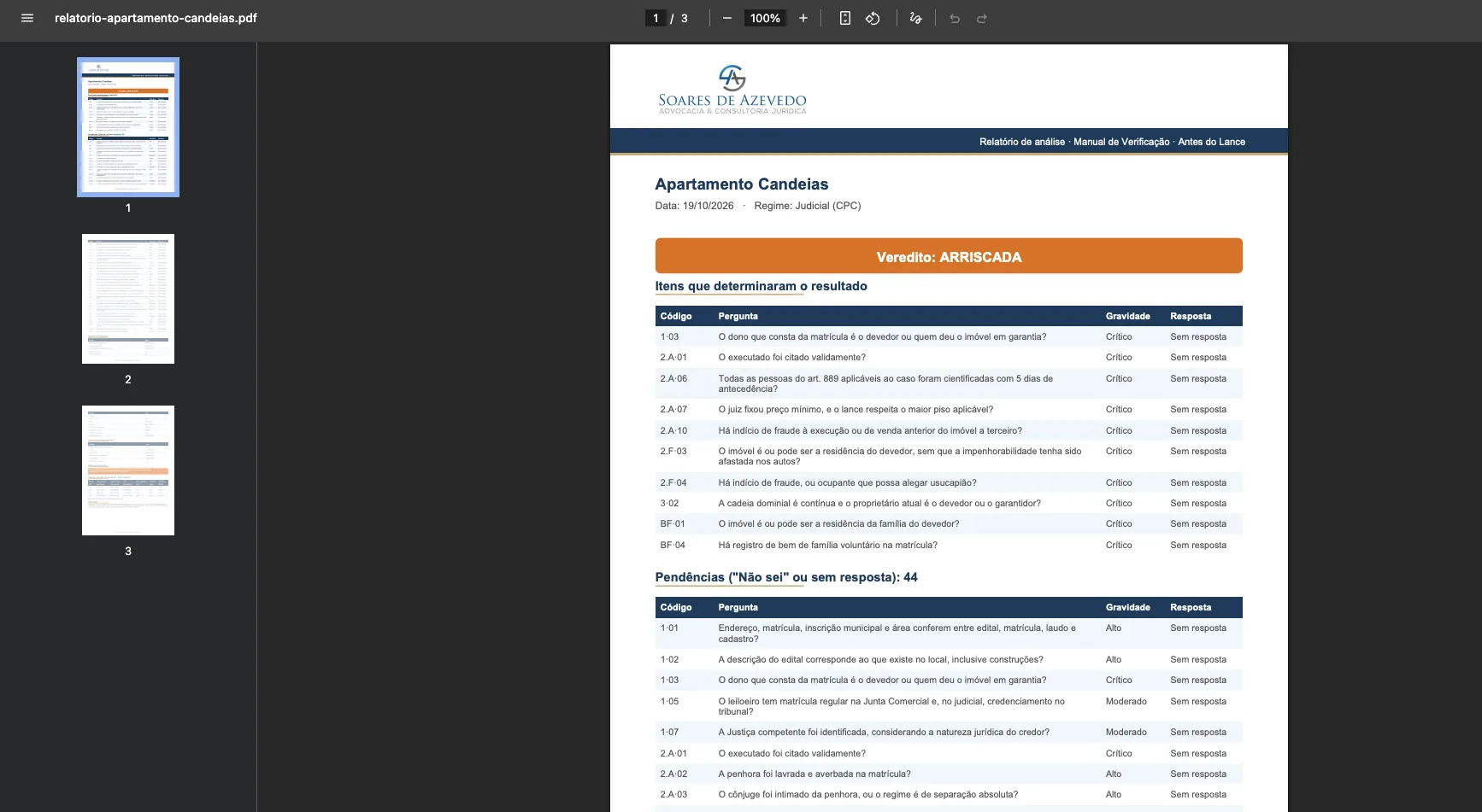Relatório em PDF gerado pelo Protocolo, com a logomarca do escritório